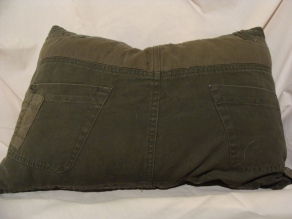 Green Denim Fun Pillow Back View. Slip what ever you need into a pocket.